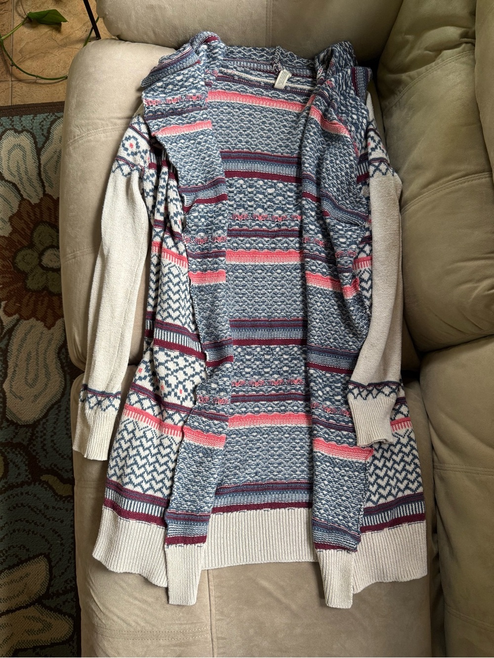 Aeropostale Striped Open-Front Long Cardigan in Cream, Blue & Pink